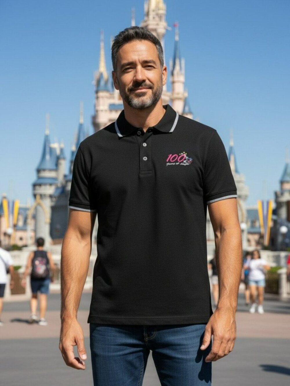 Black Short-Sleeve Polo with Gray Trim and 100 Years Logo